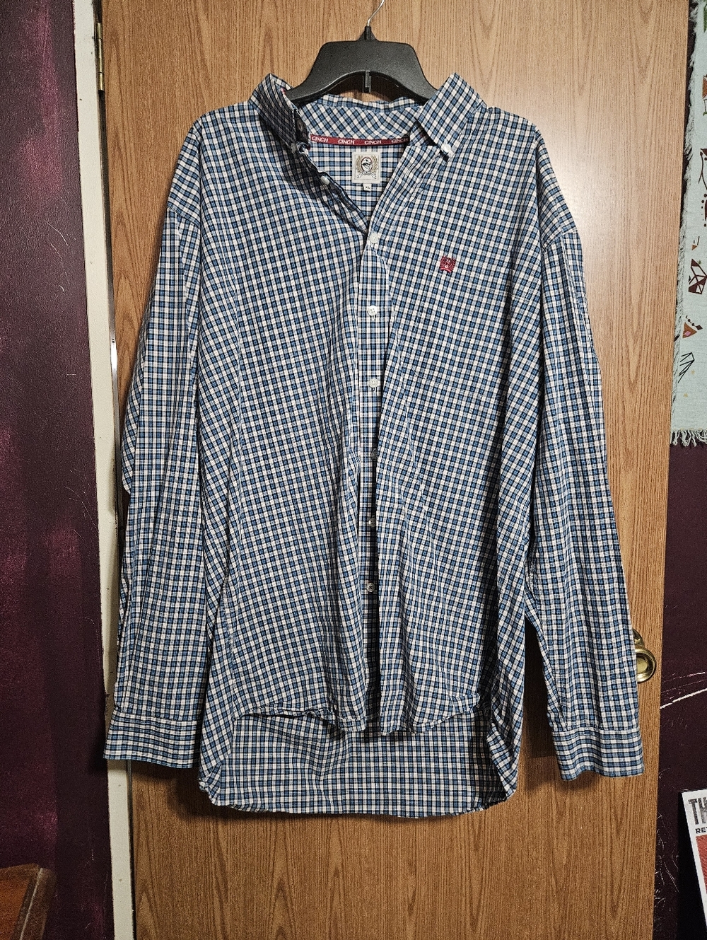 Cinch Men's Button Up Front Western Blue Plaid Long Sleeve Roll Tab Sleeve Sz XL